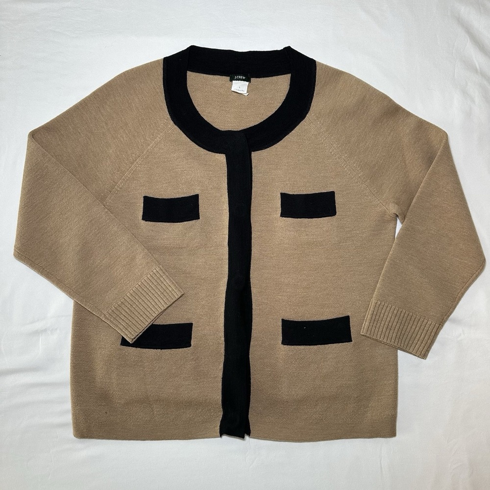 J.Crew Tan Black Merino Wool Colorblock Cardigan Sweater Large RN77388